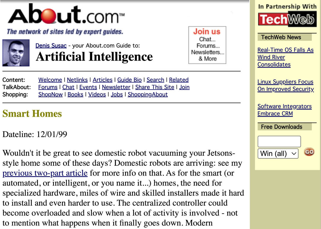 Screenshot of an About.com article from 1999 about AI, written by Denis Sušac, CEO of Mono