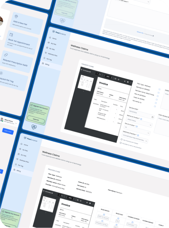 Group of dashboard screens from claims management AI system