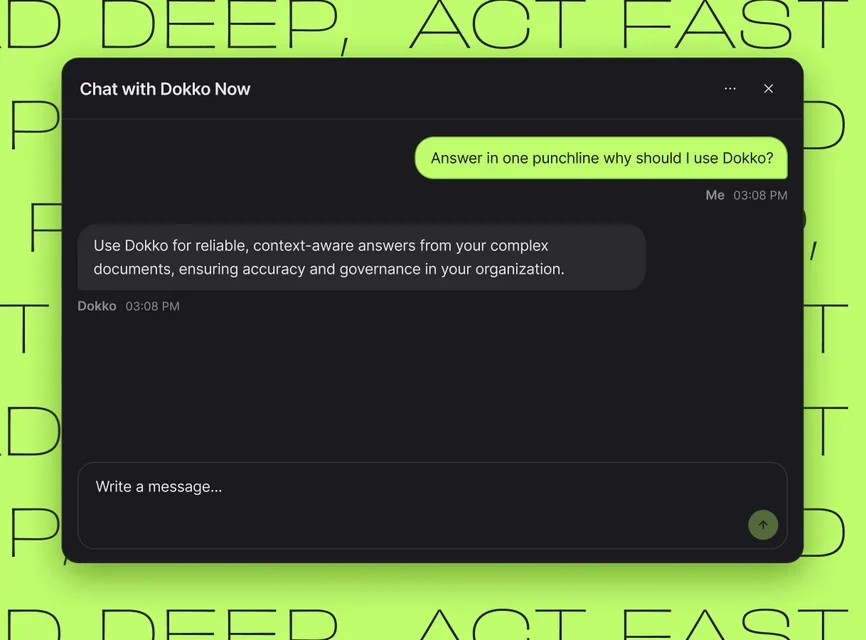 Dokko chat widget answering a question, on the lime Read Deep, Act Fast background